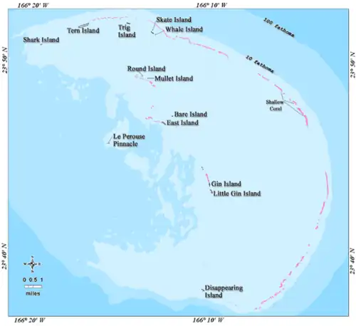 Map of the French Frigate Shoals atoll in the Northwestern Hawaiian Islands. East Island is labeled near the center of the map, slightly to the right, southeast of Bare Island and west of Gin Island. The atoll includes numerous other small islands such as Tern Island in the northwest and Disappearing Island in the southeast. Depth contours and coral reef areas are also marked.