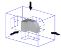 The same image, with views of the object projected in the direction of sight onto walls using first-angle projection
