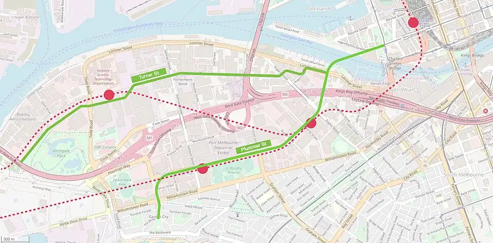 Map showing proposed tram extensions to Fishermans Bend, and the two alternative paths for Melbourne Metro 2
