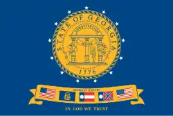 Flag of Georgia, United States (2001–2003) (1777 Flag of the United States, traditional, 1920, and 1956 Georgia flags, and current U.S. flag)