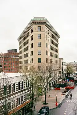 The Flat Iron Building as seen in winter from the roof of the Woolworth Walk on Haywood St.