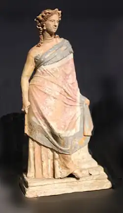 Terracota figurine of a young woman, with kaolin and traces of polychromy, 3rd–2nd century BC, Liebieghaus, Germany[14]