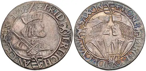 Elector Frederick III and Dukes John and George, Gulden (Klappmützentaler), undated, Mmz. Cross (1512–1523), Annaberg