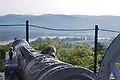 A cannon facing northeast towards Constitution Island (left) and the Plain and Fort Clinton (right)