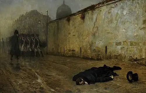 Neys body lies in the mud in front of a wall, the firing squad marches away