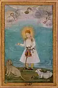 Akbar With Lion and Calf – by Govardhan (c. 1630), at the Metropolitan Museum of Art.