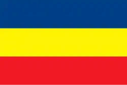 A horizontal tricolor with (from top to bottom) blue, yellow, and red bands.