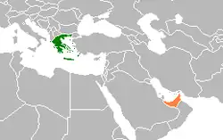 Map indicating locations of Greece and United Arab Emirates