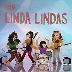 An illustration of four people with cat heads playing in a band, set upon a light blue background