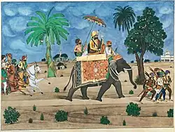 Gulab Singh riding on elephant, Kishan Singh or Kapur Singh, ca.1874