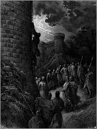 Bohemond of Taranto is illuminated in the engraving as he is shown being the only one climbing the rampart of Antioch. The soldiers on the ground, armed for battle, are stopping and watching Bohemond.