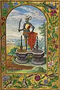 Second Treatise: knight with sword is crowned by gold and silver stars atop two fountains. His shield reads: "From two waters make one, you who seek to make the Sun and the Moon. And give it to drink to the unworthy. And where you must, with the dead. Then from the water remake [it] again, and you will have multiplied the Stone."