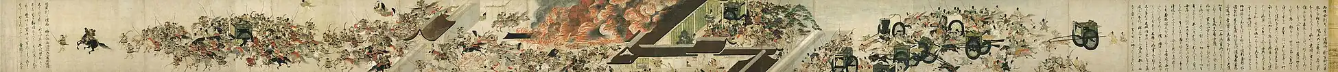 Succession of painted scenes, with only two sections of text at the beginning and at the end – Heiji Monogatari Emaki, 13th century