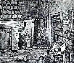 Critique of inner courtyards in a drawing by Heinrich Zille (1858-1929) "Hey ma, gimmie the flow'r pots, y'know how Lizzy loves t' sit where it's green!"