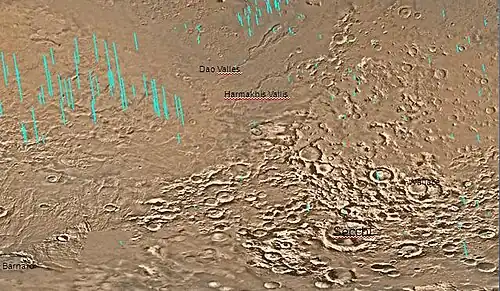 Hellas quadrangle map showing two large river valleys that slope left, toward the floor of the crater