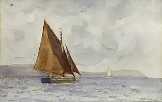 Watercolour of a bawley running up the coast by Henry Scott Tuke, 1858–1929