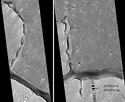 Two views of the Hephaestus Fossae, as seen by HiRISE (picture on right lies to the top (north) of other picture). Fossae often form by material moving into an underground void.