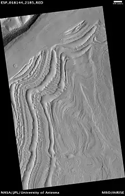 Well-developed hollows of concentric crater fill (CCF), as seen by HiRISE under the HiWish program Concentric crater fill (CCF) is considered a type of glacier since it contains movin ice.
