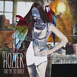 A paper collage of paintings shaped like a woman with two parrots on her arms.