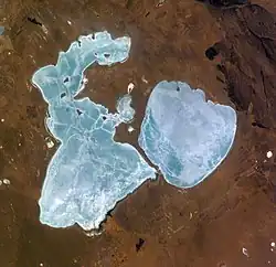 Satellite view: Zun-Torey lake on the right (east), Barun-Torey lake on the left (west). April 2003
