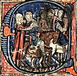 A lady and an armed horseman embracing each other and a group of marching horsemen