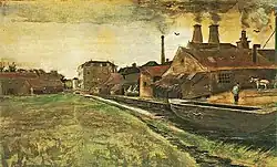 A watercolor of a factory with chimneys belching smoke. A canal runs in front of it and there is a barge moored by the factory.