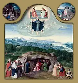 The Assumption of the Virgin, with the Nativity, the Resurrection, the Adoration of the Magi, the Ascension of Christ, Saint Mark and an Angel, and Saint Luke and an Ox, c. 1510–20, oil on panel, 62.28&nbsp;cm ×&nbsp;58.7&nbsp;cm (24.52&nbsp;in ×&nbsp;23.11&nbsp;in), Philadelphia Museum of Art[5]