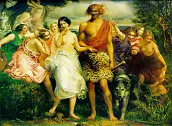 Savege in a leopardskin and a woman in a wedding dress, surrounded by young women in various stages of undress