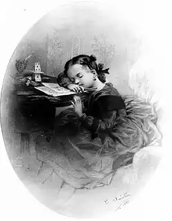Little Girl Drowsing Over Her Drawing