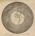An anti-slavery map with an unusual perspective centered on West Africa, which is in the light, and contrasting the Americas and Europe in the dark. By Julius Rubens Ames, 1847.