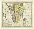 Kaart van Zuid-India Nova tabula terrarum Cucan, Canara, Malabaria, Madura, & Coromandella, cum parte septentrionali insulae Ceylon, in mari Indico Orientali edente Hadriano Relando (titel op object)