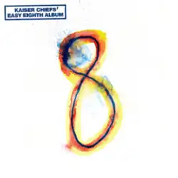 The number 8 drawn in blue with yellow and red paint around it and a splatter at the top of the number; the title is stamped in blue in the top left corner