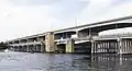 The R. Clayton Mitchell Jr. Bridge (rear) and the Waterman's Memorial Bridge (front) at Kent Narrows