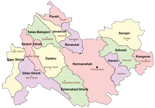 Location of Gilan-e Gharb County in&nbsp;Kermanshah&nbsp;province (left, purple)