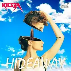 A portrait of a young woman (Kiesza herself) with short red curly hair depicted as a toy doll with an accessible head feature at the forefront of a bright blue cloud-patched sky backdrop. Additionally, in small red font is the name 'KIESZA' (stylized to look like Metallica logo) in the top-left, in large white font the title "HIDEAWAY" at the bottom and a logo of Lokal Legend Records in the top-right.