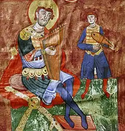 Circa 1100 A.D., Italy. King David playing rotte accompanied by a man playing fiddle, from the Psalter of Polirone, Mantua, Teresiana Library, ms. 340, f. 1v-2r
