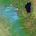 The King Fire stands out as a jagged red slice of forest, southwest of Lake Tahoe