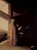 A hooded friar standing next to a seated woman.