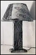 Lamp, carved wood, painted shade, c.1960
