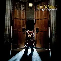 The Dropout Bear wearing a school uniform and backpack, looking to the left in front of open doors. The entire cover is mostly in darkness, except for a bright light behind the Dropout Bear, which creates a shadow on the ground.