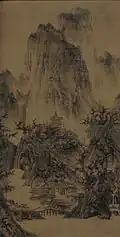 Li Cheng (李成; Lǐ Chéng; Li Ch'eng; 919–967), A Solitary Temple Amid Clearing Peaks (), ink and light color on silk. 111.76 cm × 55.88 cm (44.00 in × 22.00 in). 11th century, China. Nelson-Atkins Museum of Art.