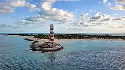The lighthouse is open to visitors on the island, and LED lights are integrated throughout the structure for visual light shows.