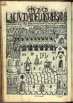 1615 painting by Guamán Poma of the Cathedral (foreground).[7]