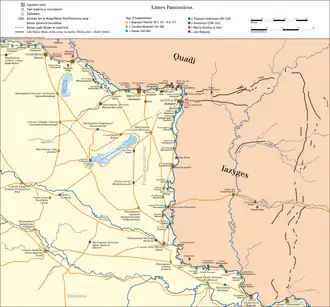 Map showing the Roman border along the Danube with towns, forts and roads. It stretches from Vindobona (modern Vienna) in the north through Aquincum (Budapest) in the centre to Colonia Singidunum (Belgrade) in the south. The later Roman walls of the Limes Sarmatiae are marked on the eastern side of the Danube in the territory of the Iazyges.