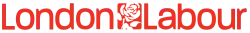 Red on white word "Labour" in sans-serif font to the right of white on red silhouette of a rose