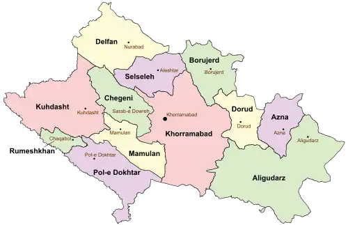 Location of Azna County in&nbsp;Lorestan&nbsp;province (right, purple)