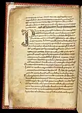 Folio 2v. Decorated initial 'P' with an animal head and a stylized tail.