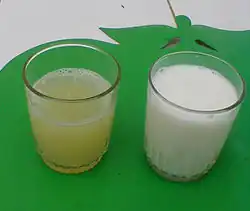 Serous exudate from bovine udder in E. coli mastitis[56] at left. Normal milk at right.