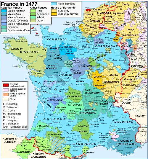 Map of France in 1477, showing the Duchy of Bar in "Valois-Anjou" colours
