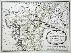 Turkish Croatia (marked by green border line and words "Türkisch Kroatien") on a military map from 1791 made by Austrian cartographer Franz J.J. von Reilly.